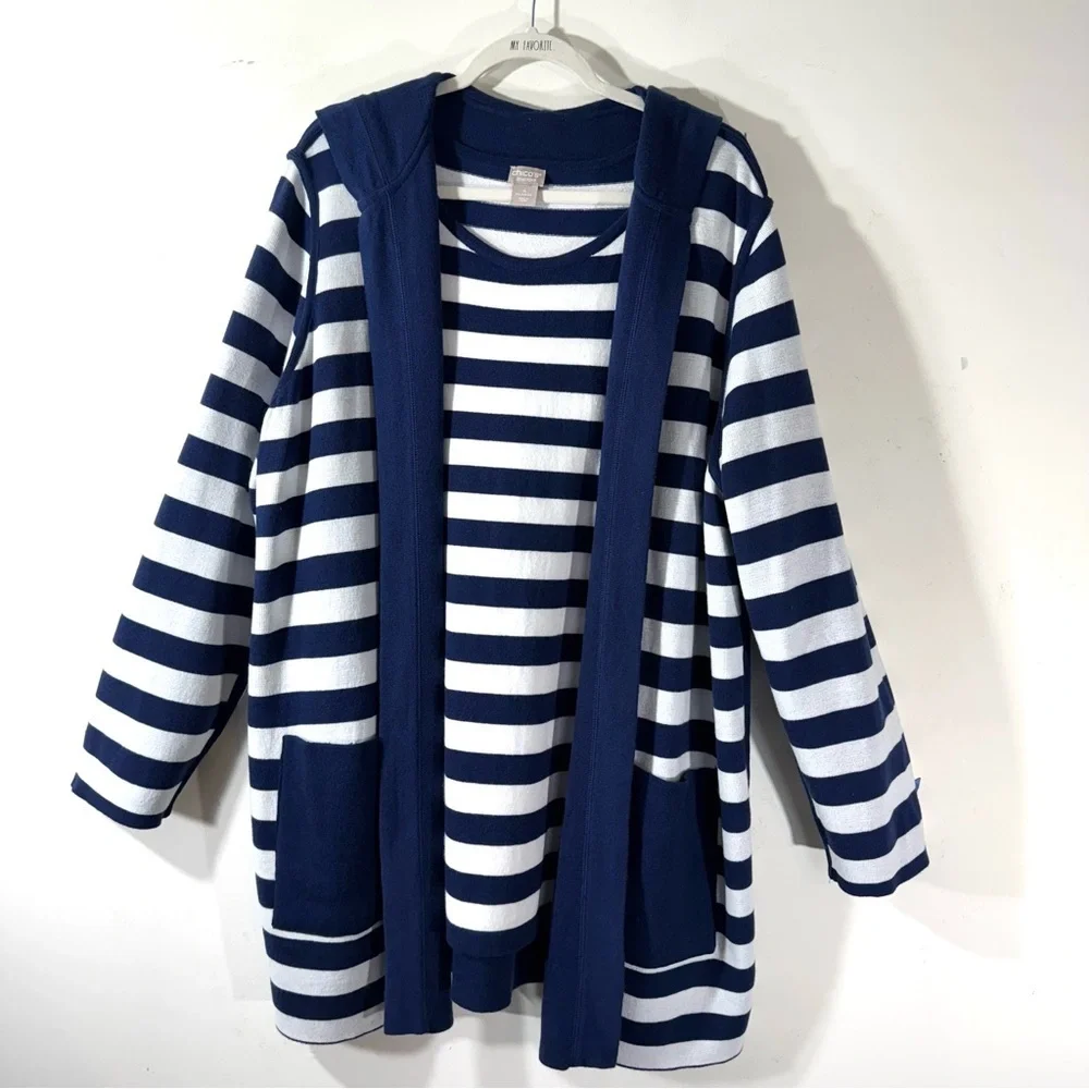 Chico’s Zenergy Reversible Navy White Stripe Cardigan Sweater NWT - Picture 1 of 14